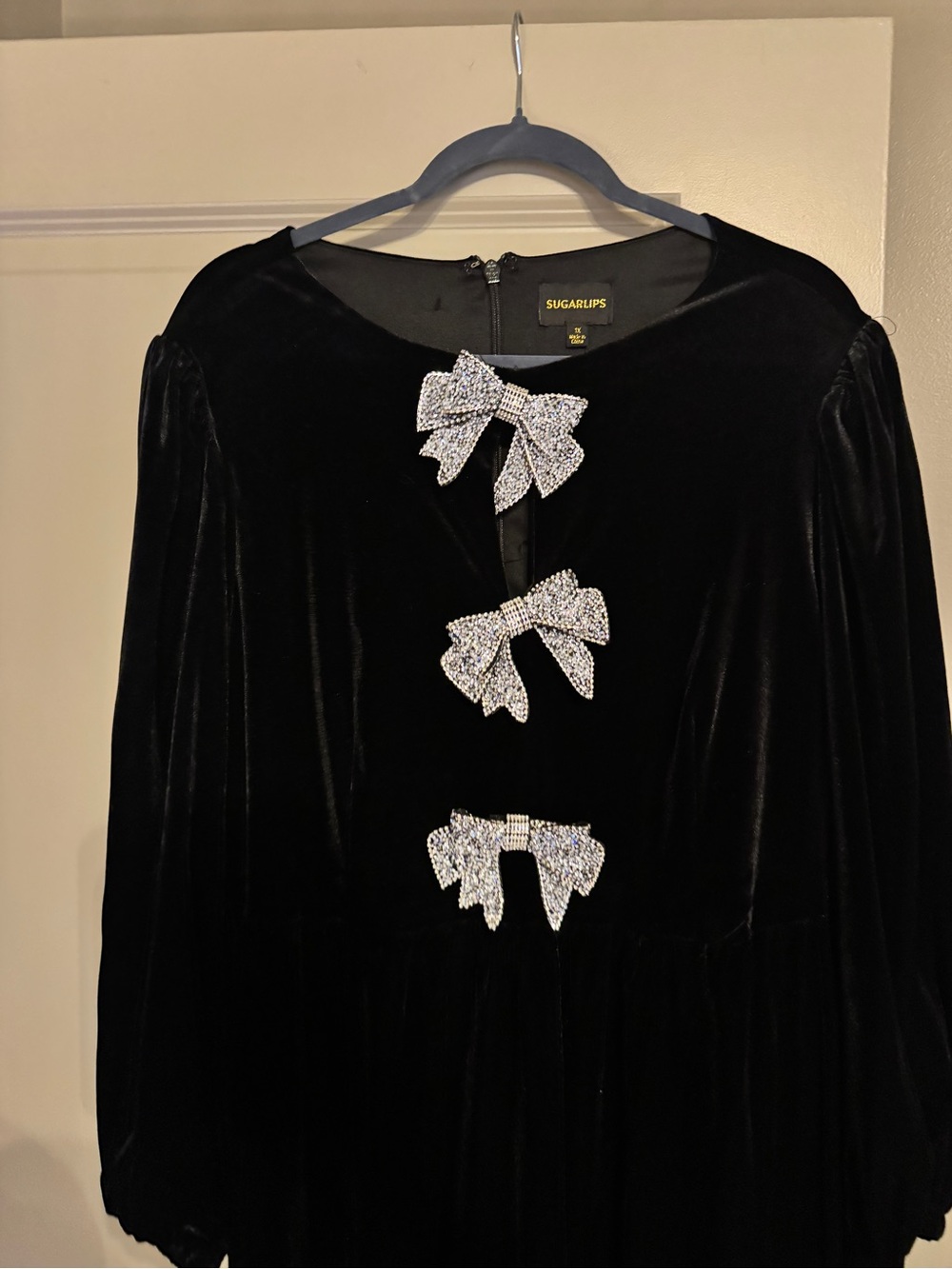 SugarLips Women’s Black Velvet Dress with Crystal Bow Accents